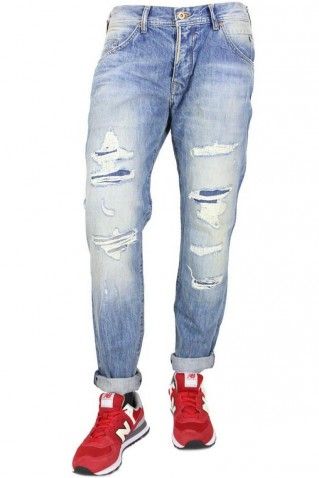 Jeans uomo cotone fisso slim con rotture lavaggio chiaro 5 tasche