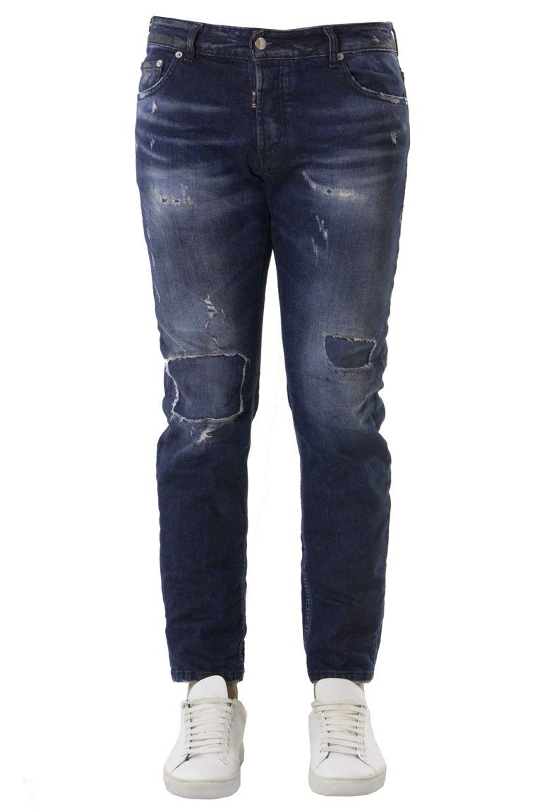 Jeans uomo slim fit ielastico lavaggio scuro modello twist con rotture toppe