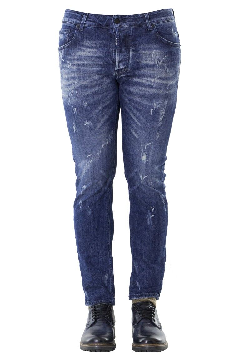 Jeans da uomo in cotone elastico slim 5 tasche lavaggio scuro con rotture