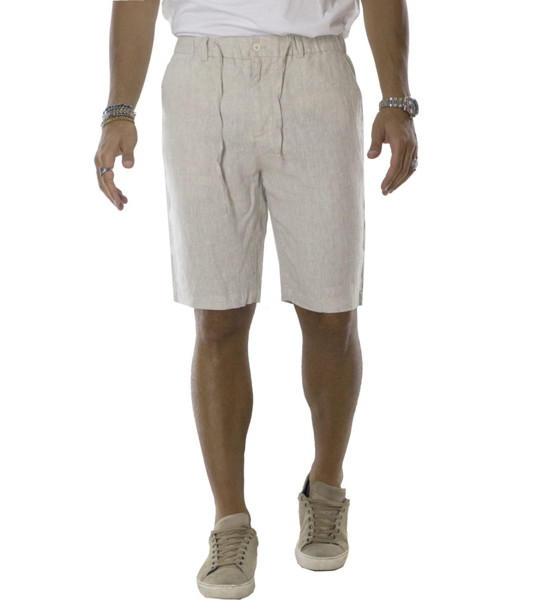 Bermuda uomo in lino modello tasca america regular fit con laccio in vita