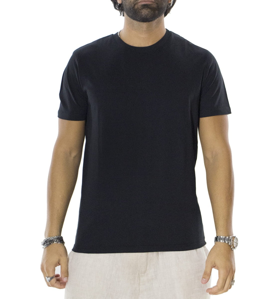 T-shirt da uomo in cotone organico tinta unita nera regular fit elasticizzata girocollo