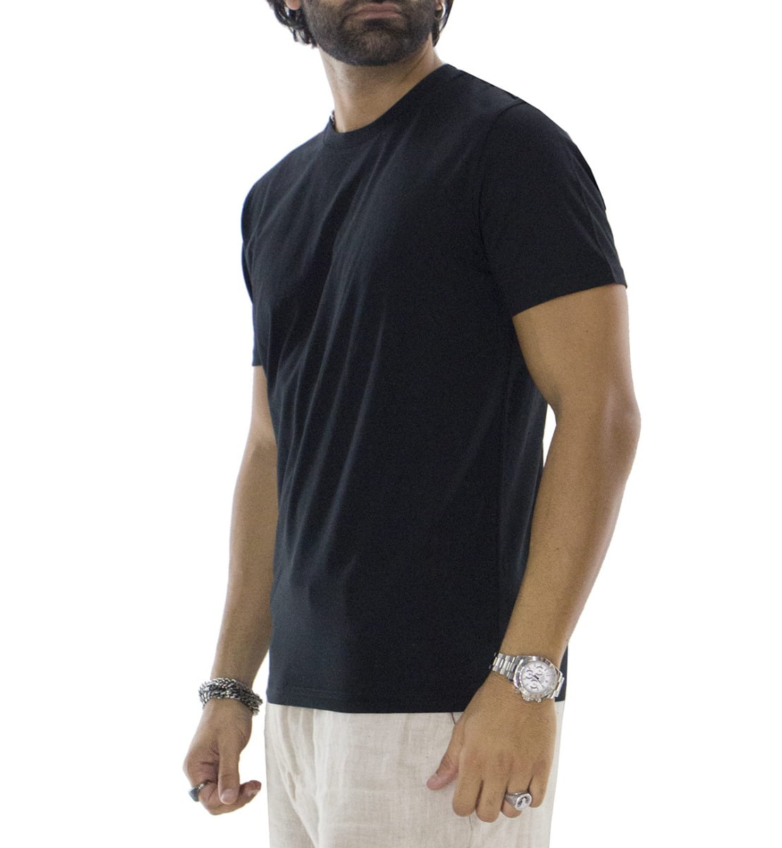 T-shirt da uomo in cotone organico tinta unita nera regular fit elasticizzata girocollo