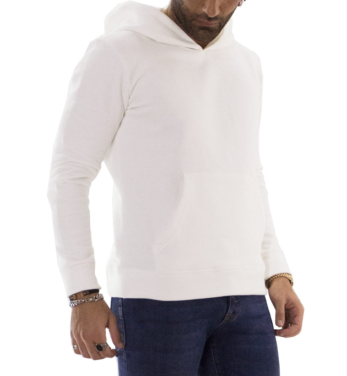 Felpa uomo bianca con cappuccio invernale con elastici ai polsi e fondo elasticizzata