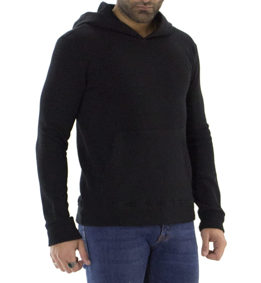 Felpa uomo nera con cappuccio invernale con elastici ai polsi e fondo elasticizzata