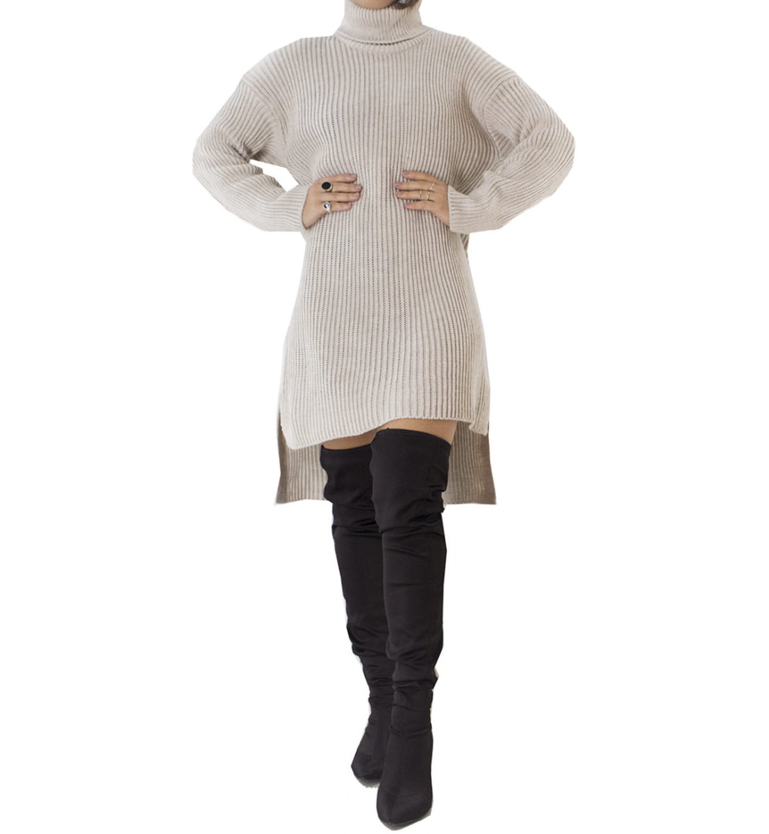 Maglione donna over lungo asimmetrico con collo alto e trecce lana grossa manica lunga a campana