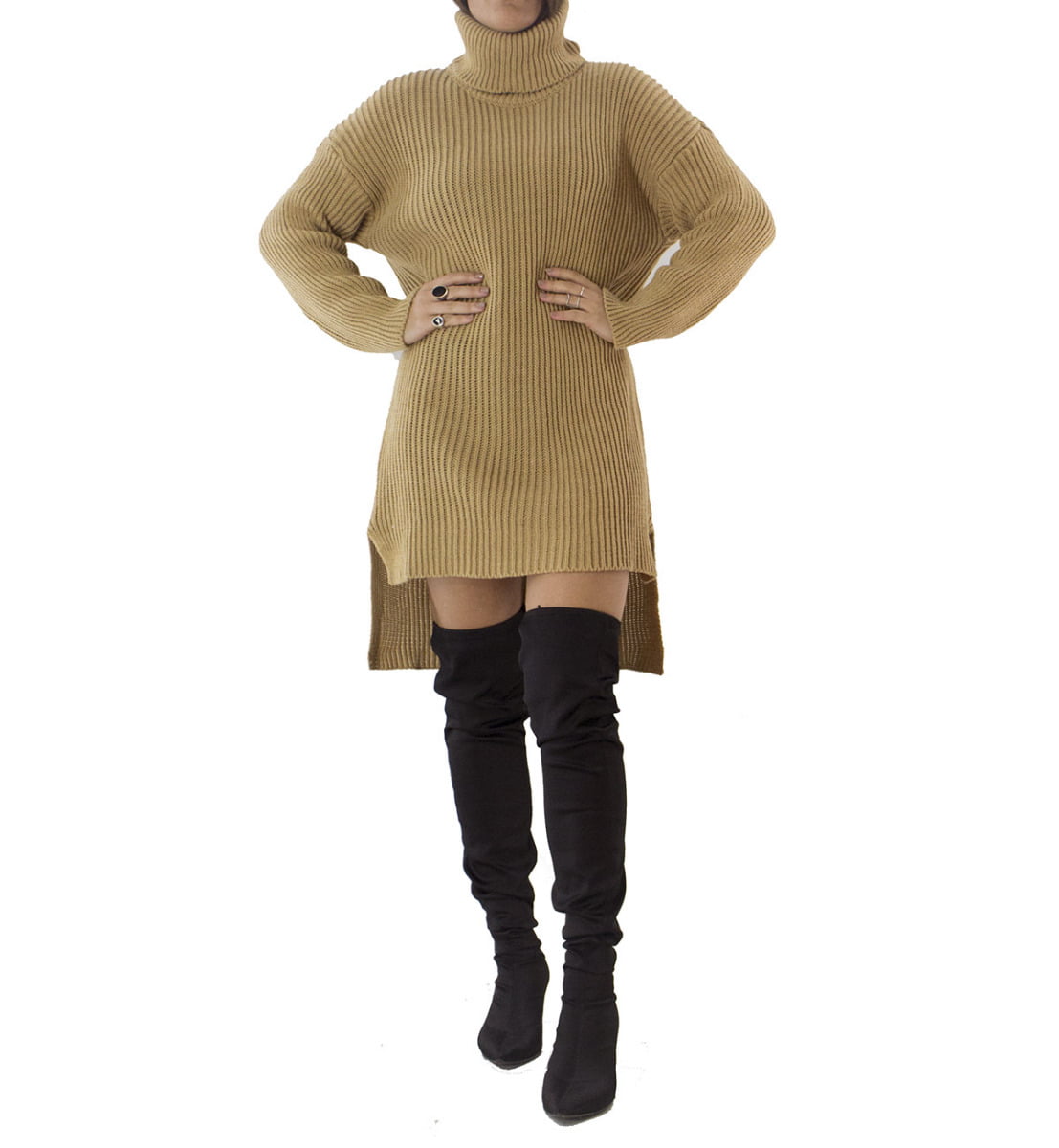 Maglione donna over lungo asimmetrico con collo alto e trecce lana grossa manica lunga a campana