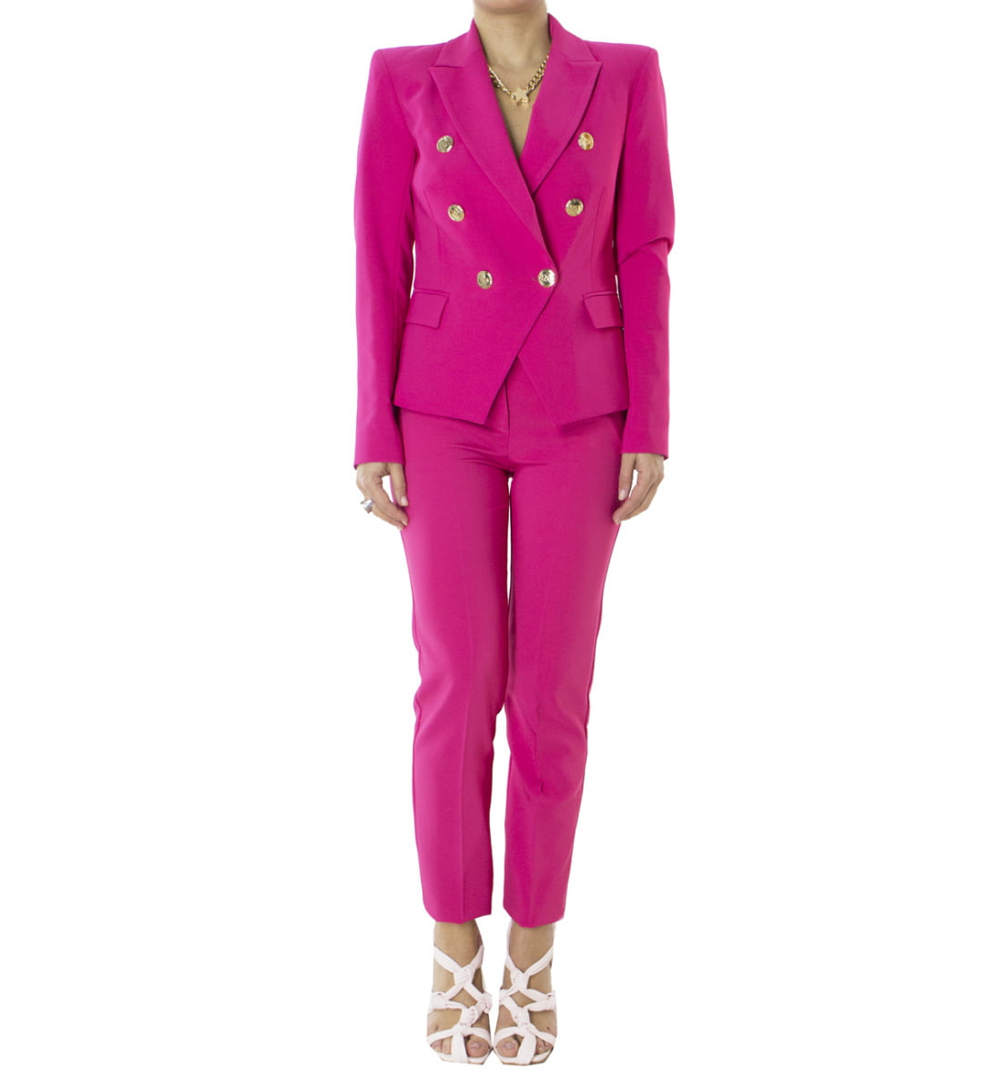 Pantaloni donna vita alta skinny rosa e bianco tasca a filo passacinta e chiusura zip avanti con bottone