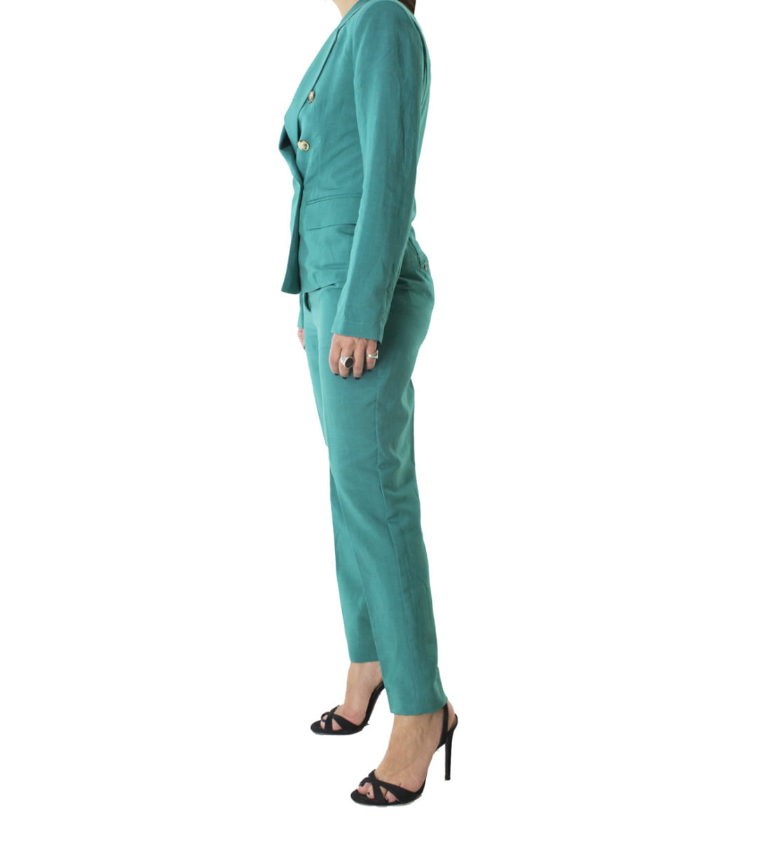 Giacca donna blazer corto sfoderato in lino modello doppiopetto bottone tartarugato e spalline