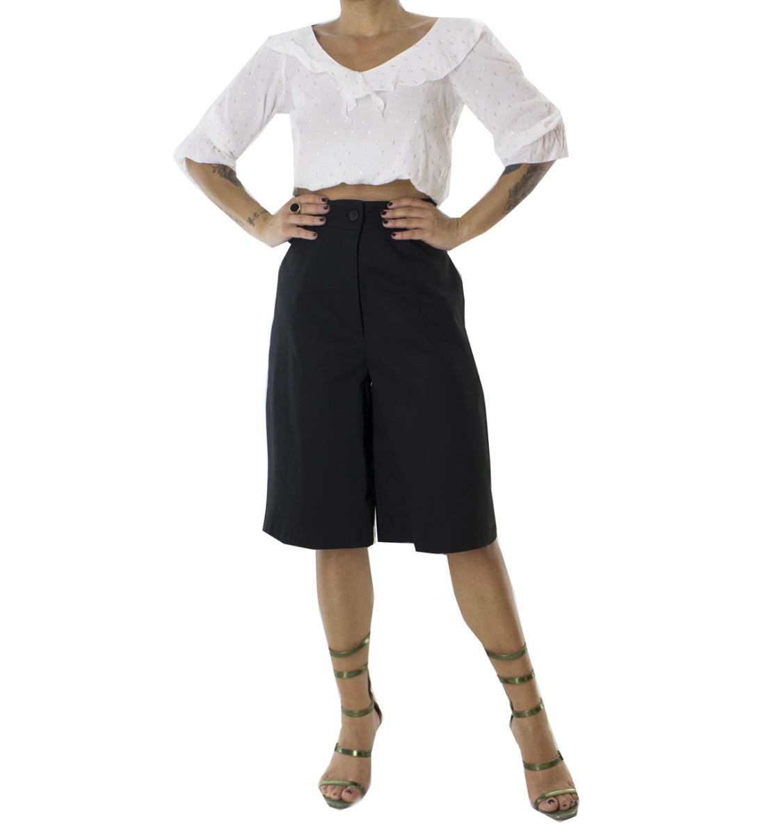 Pantaloni donna bermuda in cotone vita alta con passacinta bottone nero a contrasto gamba larga