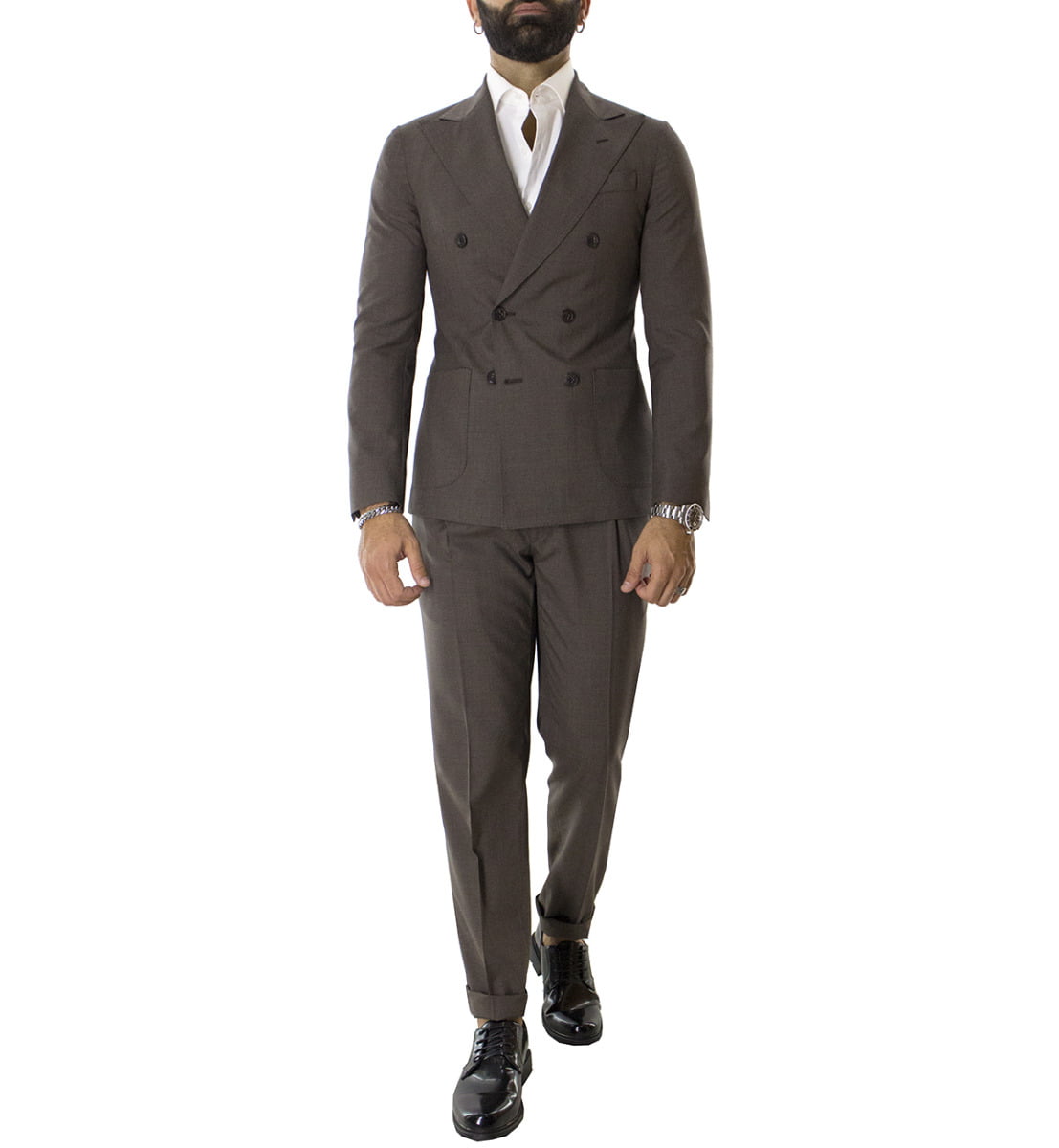 Pantalone uomo marrone vita alta fresco lana con pinces fibbie laterali e risvolto 4cm