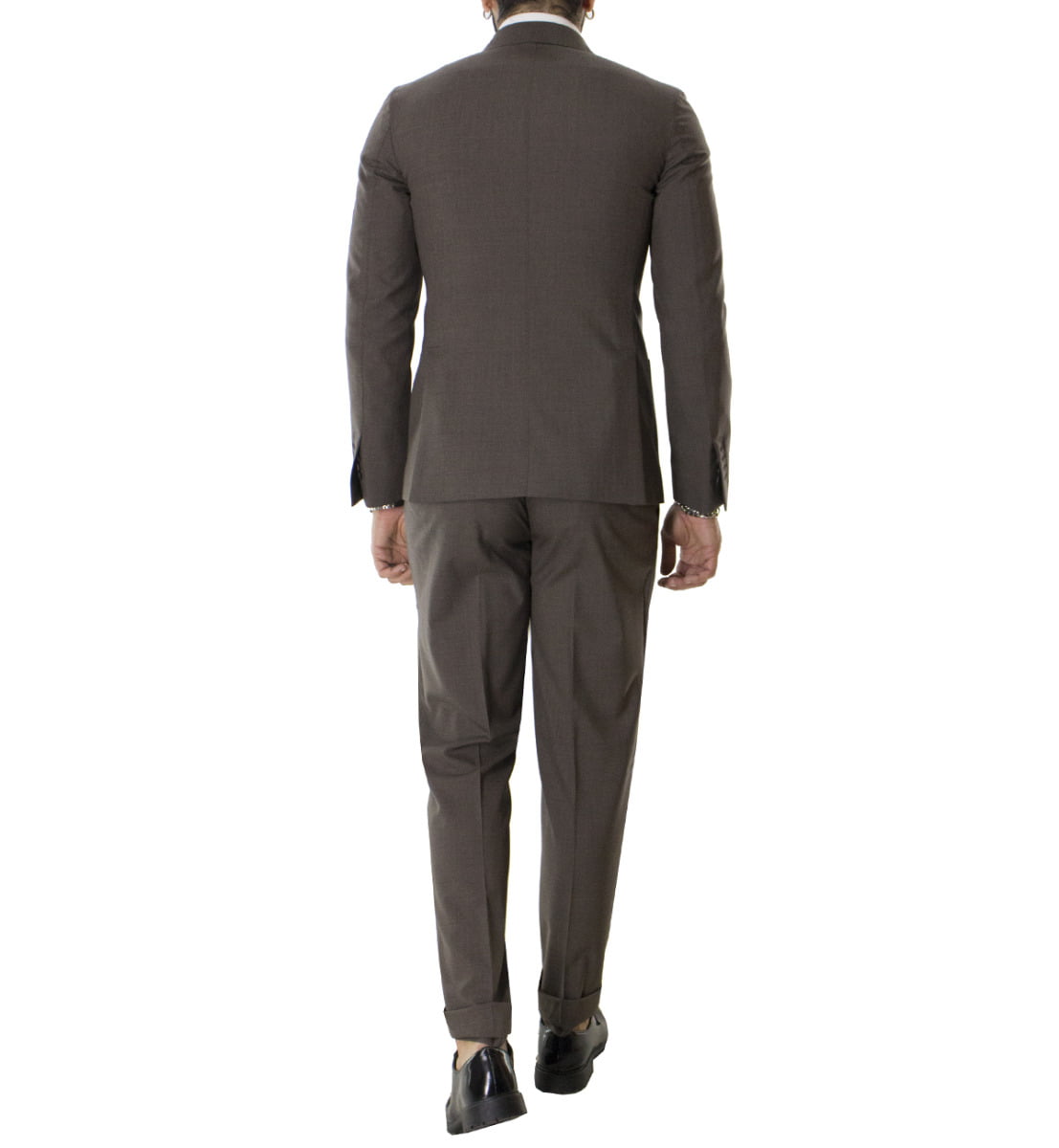 Pantalone uomo marrone vita alta fresco lana con pinces fibbie laterali e risvolto 4cm