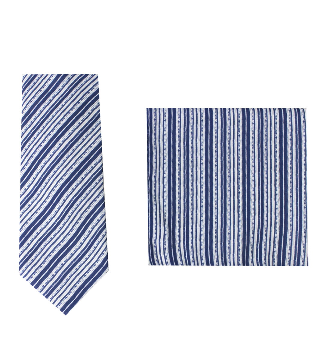 Cravatta a righe diagonali blu fantasia bianche compresa di pochette abbinata uomo