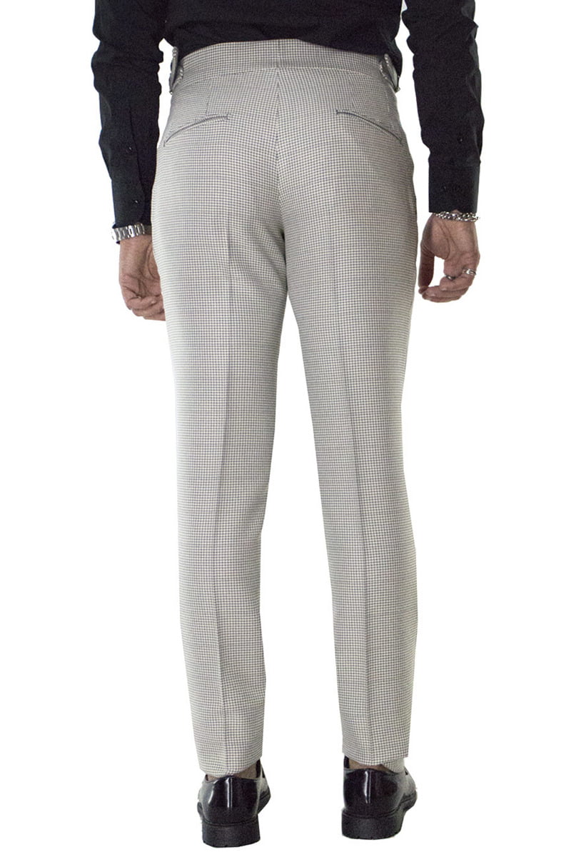 Pantaloni vita alta da uomo con pinces e fibbia laterale grigio fantasia pied de poule in lana