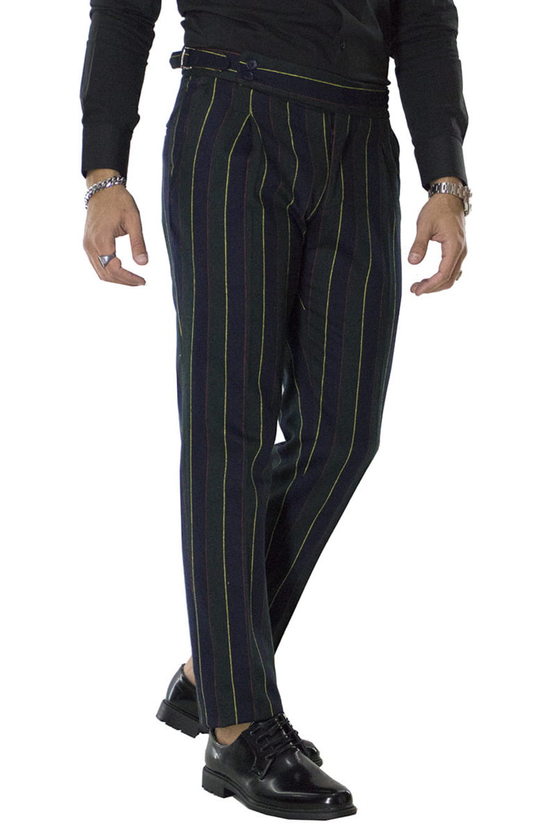 Pantaloni vita alta uomo con pinces e fibbia laterale blu fantasia riga multicolor in lana