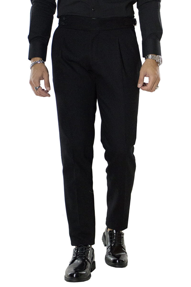 Pantaloni a vita alta uomo nero con pinces e fibbia laterale effetto denim in cotone made in Italy