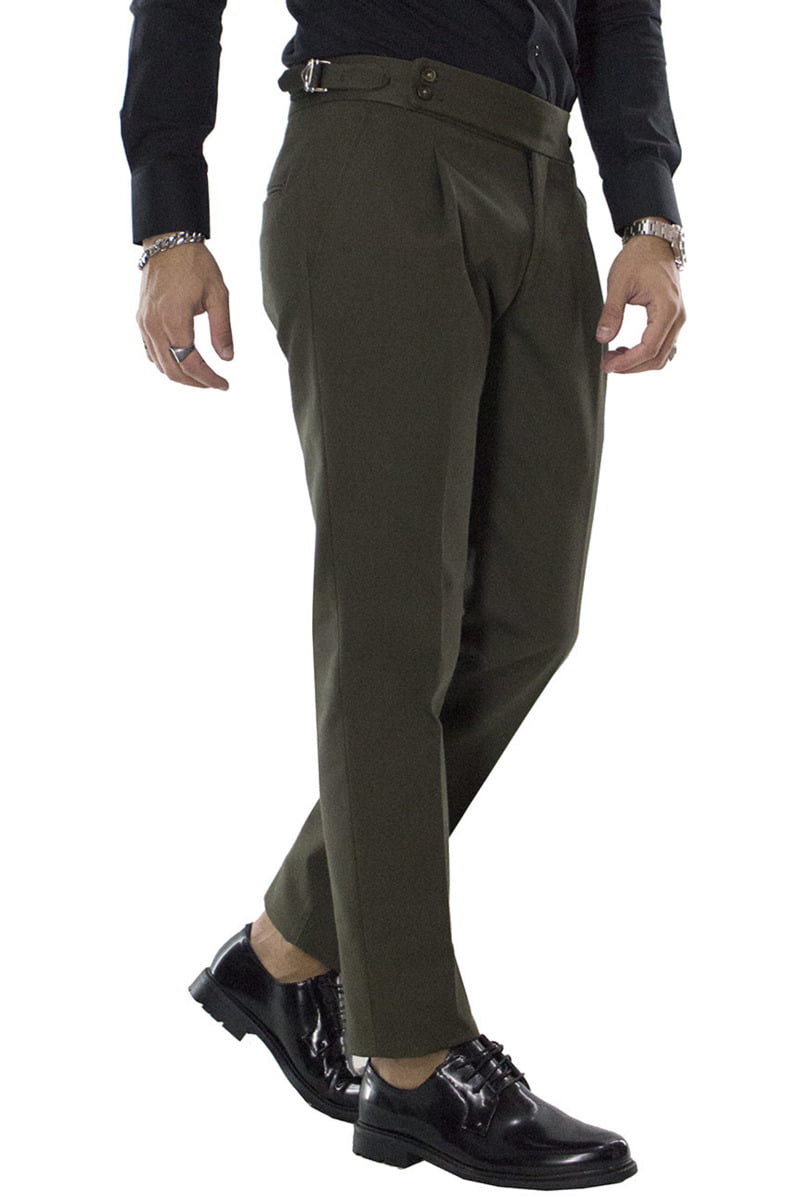 Pantaloni vita alta da uomo verde militare con pinces e fibbia laterale effetto denim in cotone