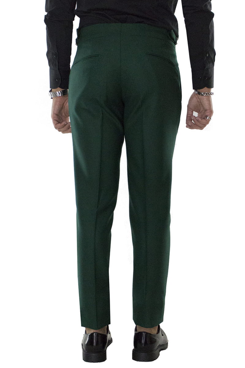Pantaloni a vita alta uomo verde bottiglia con pinces e fibbia laterale in lana made in Italy