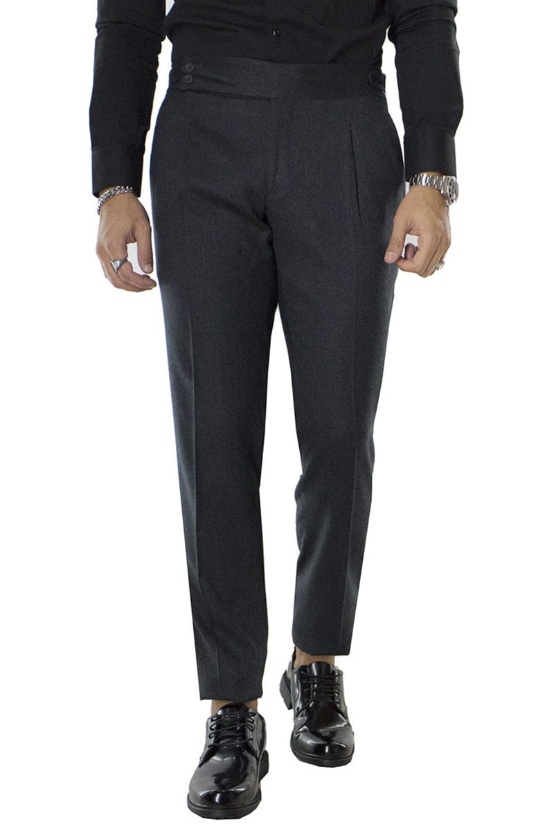 Pantaloni uomo vita alta con pinces grigio scuro fibbia laterale in lana made in Italy