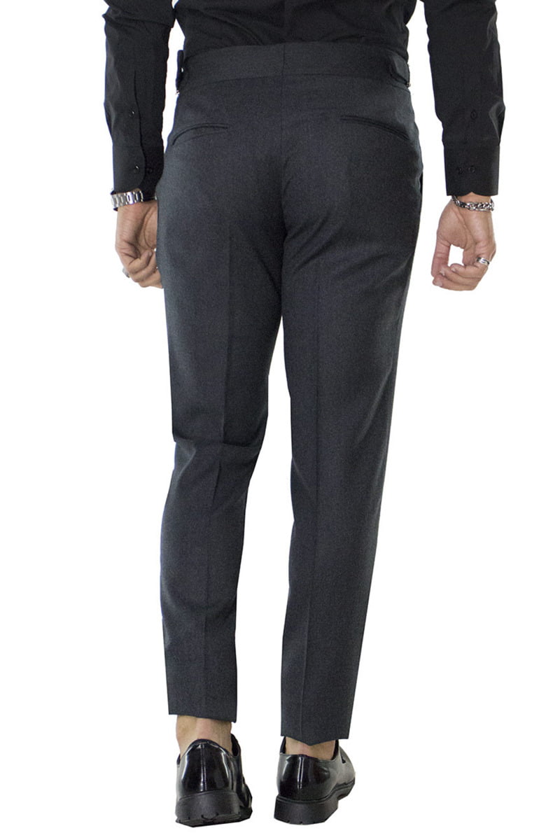 Pantaloni uomo vita alta con pinces grigio scuro fibbia laterale in lana made in Italy