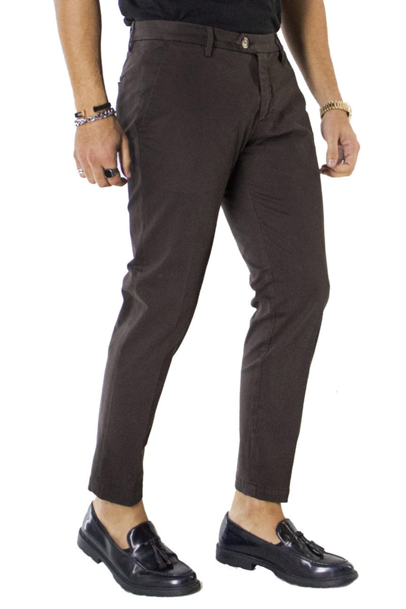 Pantaloni di cotone uomo marrone invernali elasticizzati tasca america slim fit made in Italy