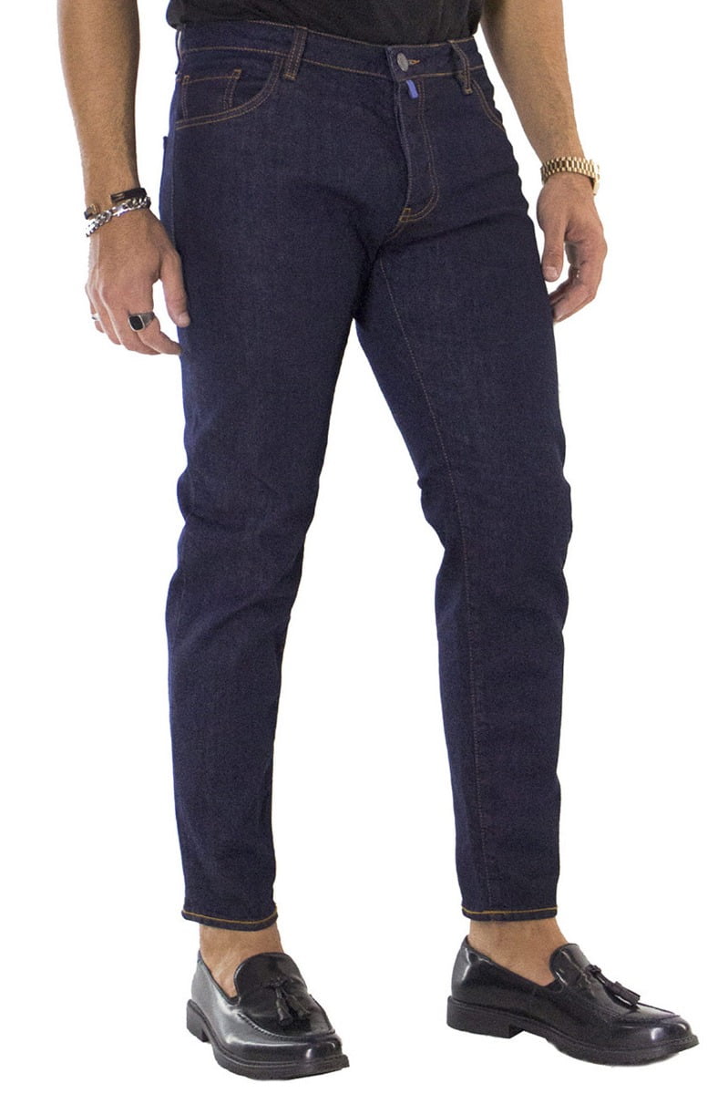Jeans uomo slim lavaggio zero modello 5 tasche cuciture in contrasto made in italy