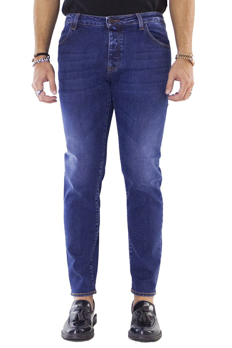 Jeans uomo slim sabbiato modello 5 tasche cuciture in contrasto made in italy