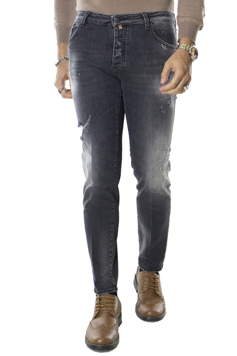 Jeans uomo strappato grigio scuro slim fit elasticizzato con sabbiature