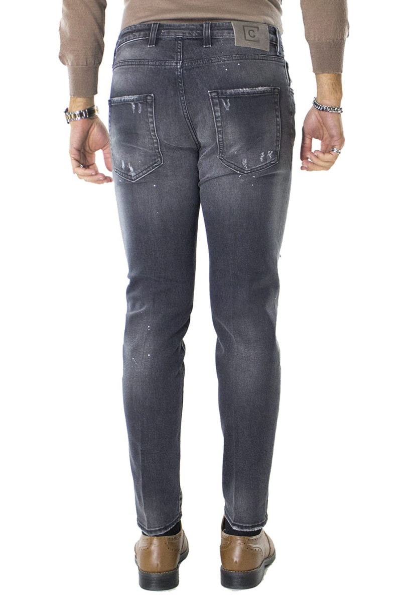 Jeans uomo strappato grigio scuro slim fit elasticizzato con sabbiature