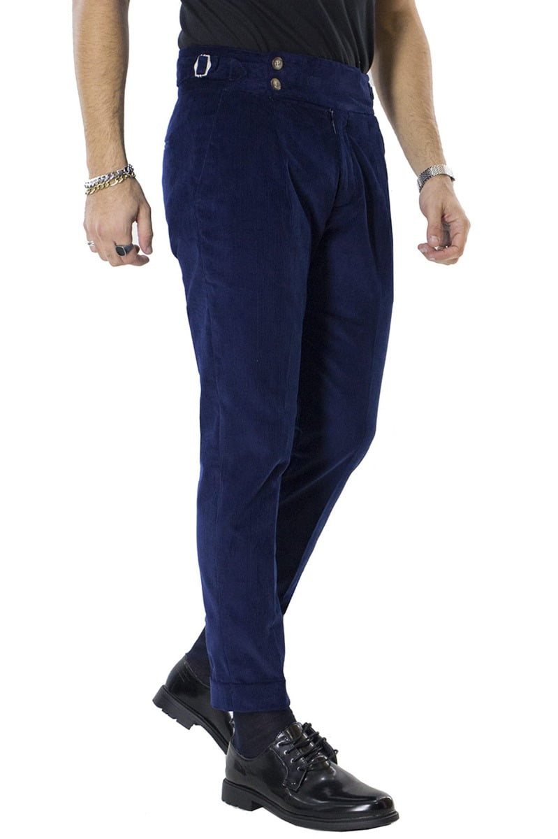 Pantaloni velluto a costine blu slim fit vita alta con pence fibbia laterale e risvolto