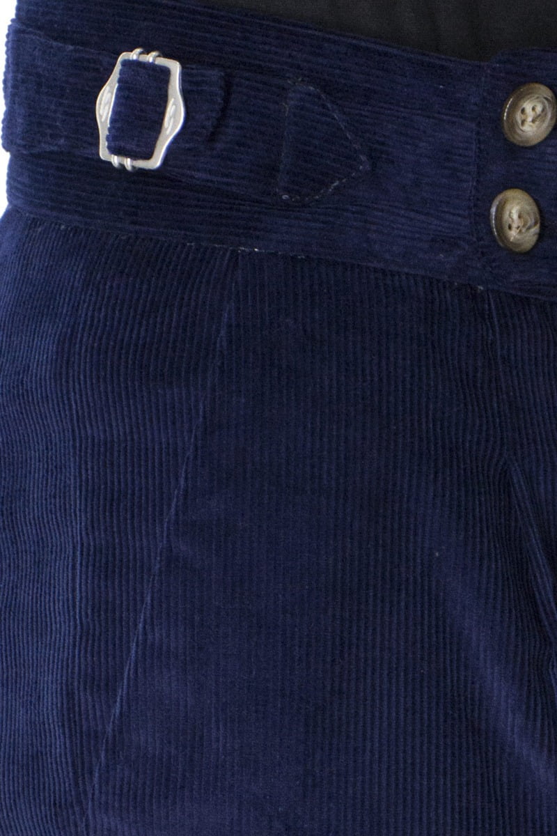 Pantaloni velluto a costine blu slim fit vita alta con pence fibbia laterale e risvolto