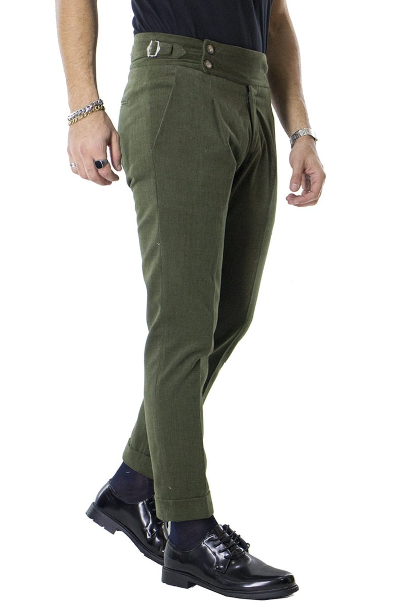Pantaloni vita alta uomo verde con pinces fibbia e risvolto effetto denim slim fit made in Italy