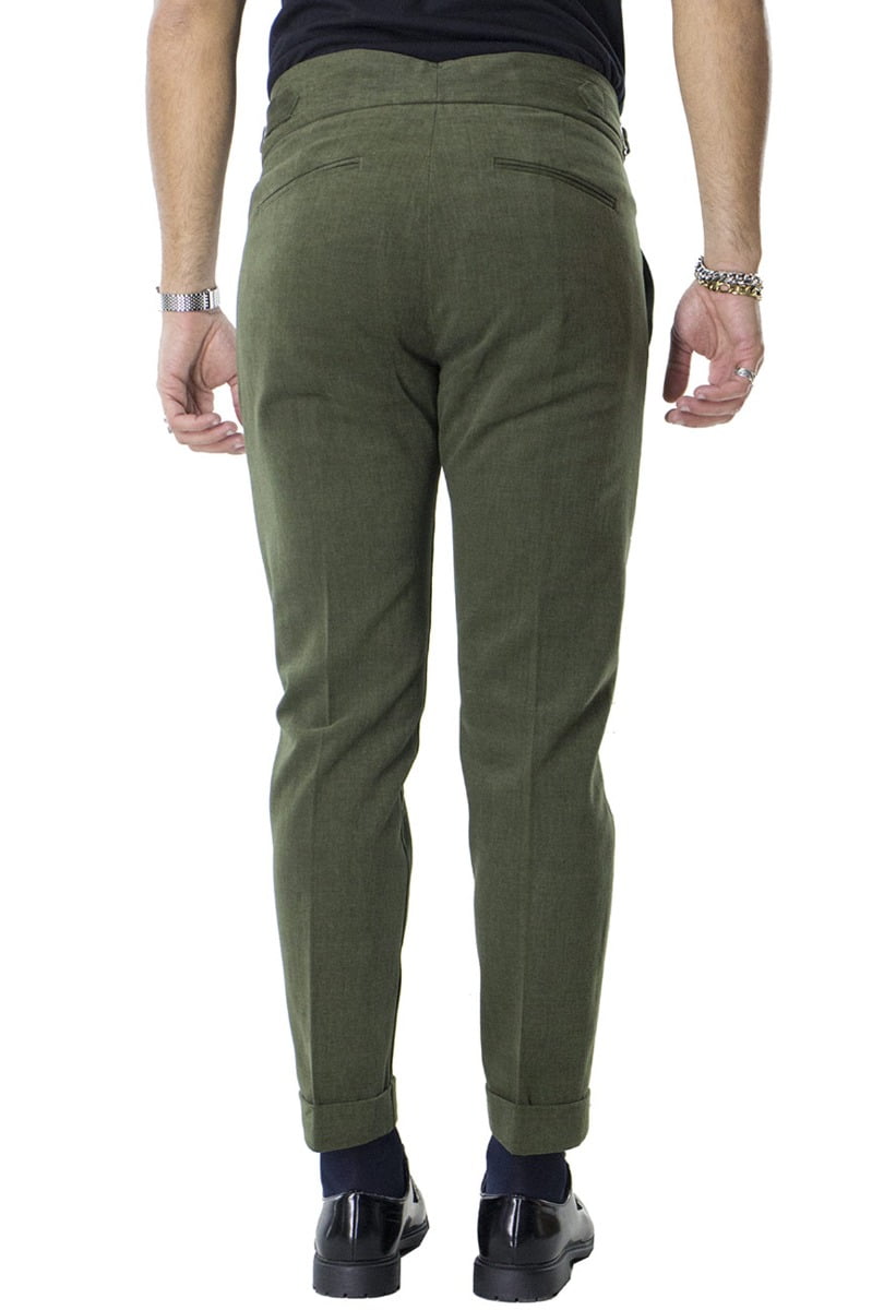 Pantaloni vita alta uomo verde con pinces fibbia e risvolto effetto denim slim fit made in Italy