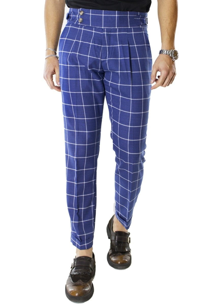 Pantalone uomo Bluette vita alta in lino fantasia quadri con pinces fibbie laterali e risvolto 4cm