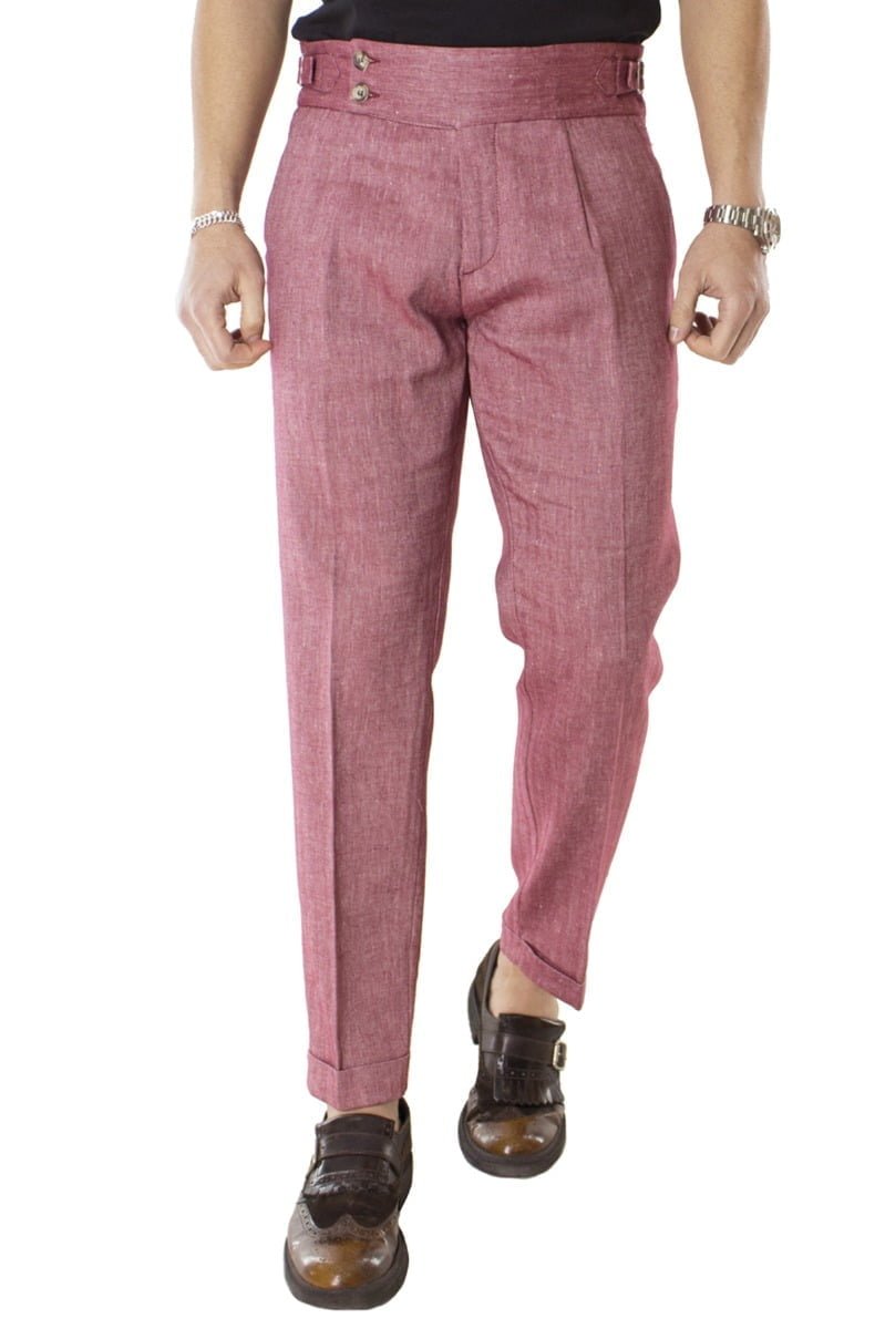 Pantalone uomo Rosso vita alta in lino fantasia Spigata con pinces fibbie laterali e risvolto 4cm