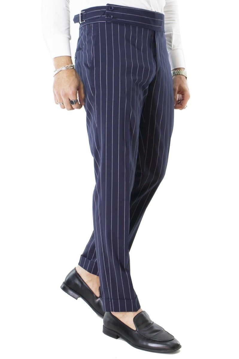 Pantalone uomo Blu Gessato vita alta con pinces e fibbie laterali Sartoriale