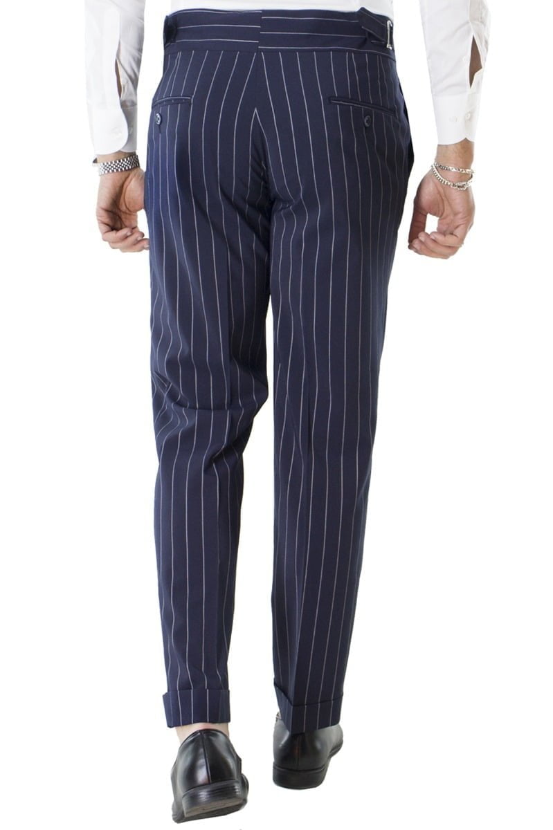 Pantalone uomo Blu Gessato vita alta con pinces e fibbie laterali Sartoriale