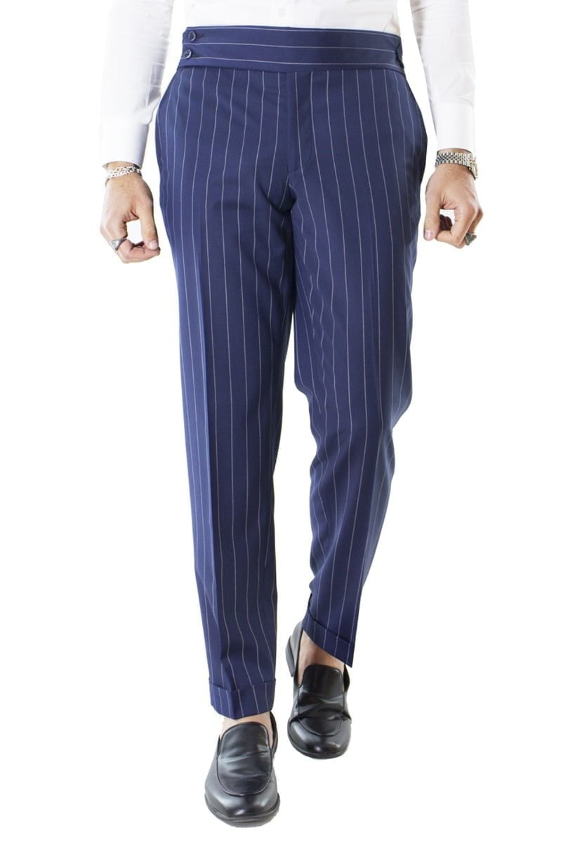 Pantalone uomo Bluette Gessato vita alta con pinces e fibbie laterali Sartoriale