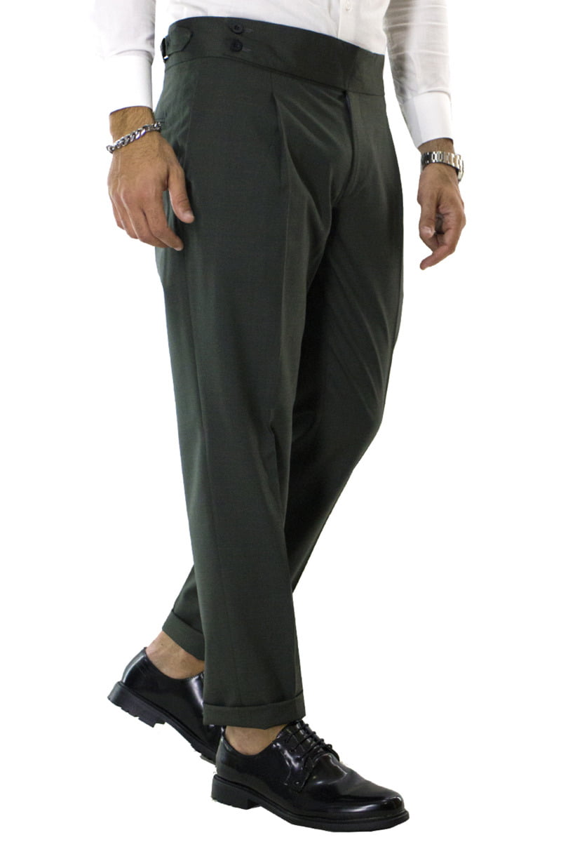 Pantalone uomo verde vita alta fresco lana con pinces fibbie laterali e risvolto 4cm