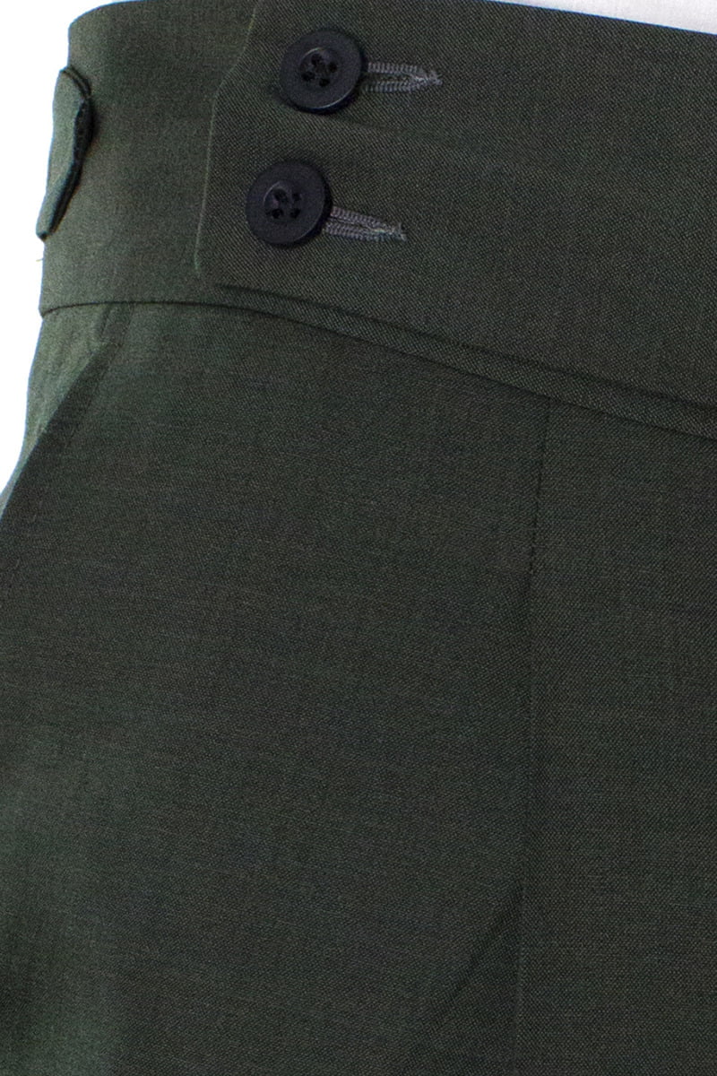 Pantalone uomo verde vita alta fresco lana con pinces fibbie laterali e risvolto 4cm