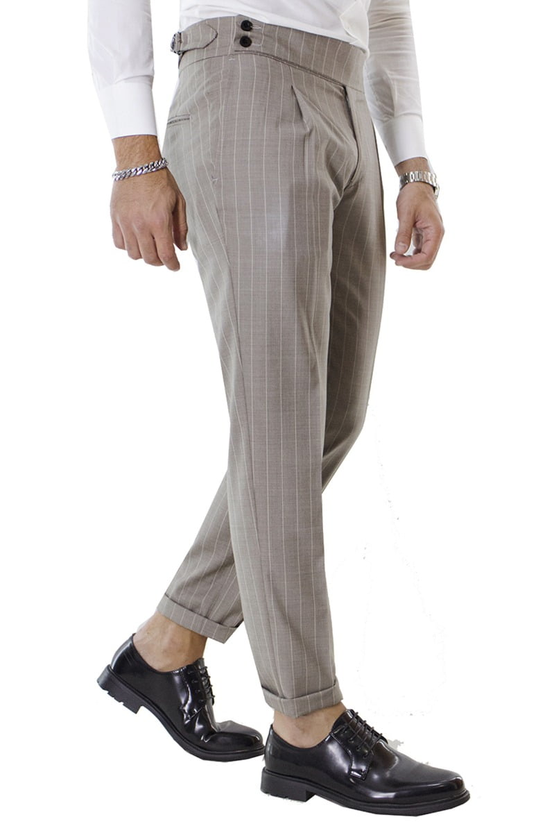 Pantalone uomo Fango Gessato vita alta con pinces fibbie laterali e risvolto 4cm