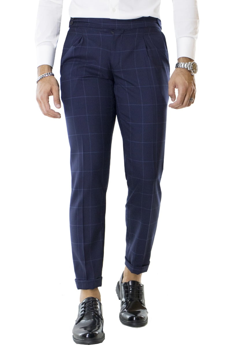 Pantalone uomo Blu a quadri vita alta con pinces fibbie laterali e risvolto 4cm