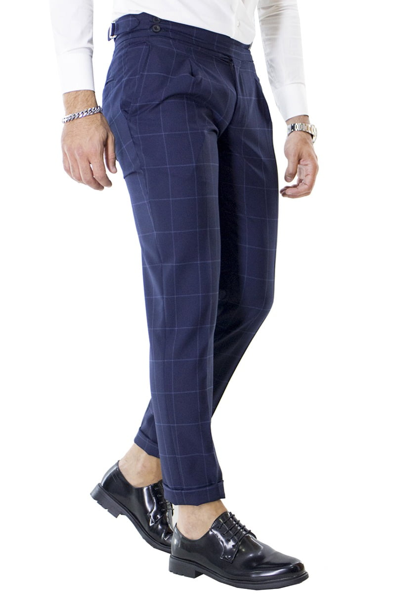 Pantalone uomo Blu a quadri vita alta con pinces fibbie laterali e risvolto 4cm