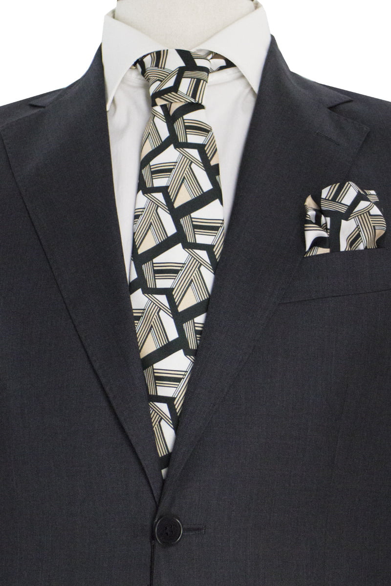 Cravatta uomo fantasia geometrica nera bianca e fango compresa di pochette abbinata