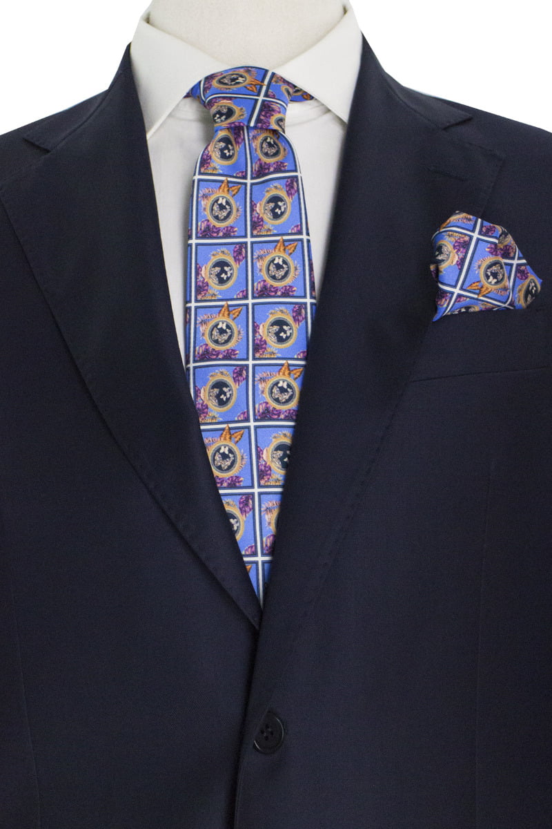 Cravatta uomo bluette fantasia simil versace compresa di pochette abbinata