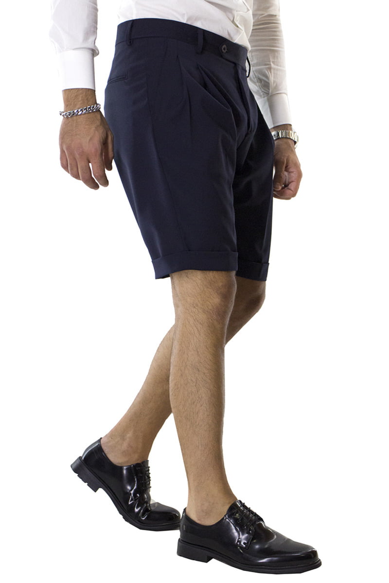 Bermuda uomo blu in fresco lana vita alta con doppia pinces e tasca america