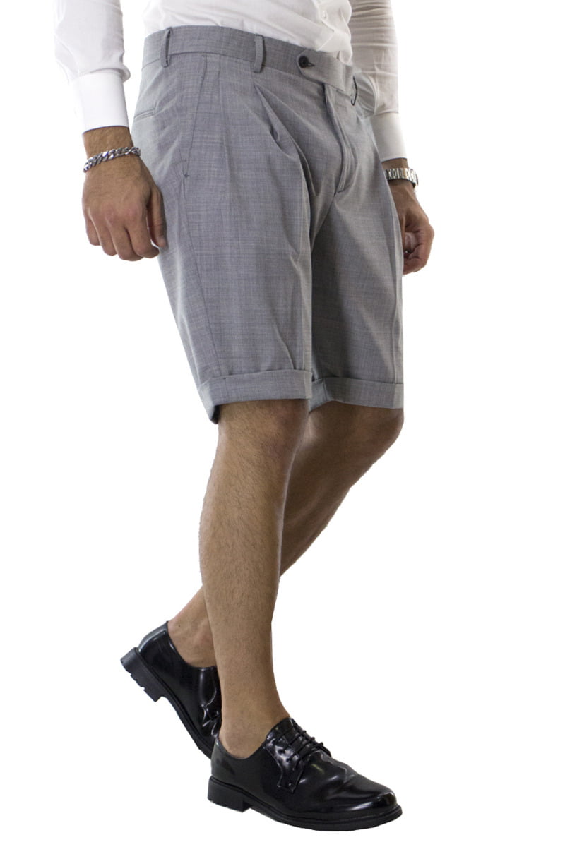 Bermuda uomo Grigio Chiaro in fresco lana vita alta con doppia pinces e tasca america