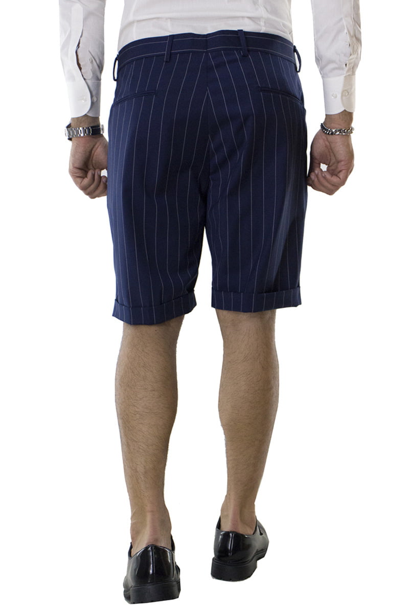 Bermuda uomo bluette gessato in fresco lana vita alta con doppia pinces e tasca america