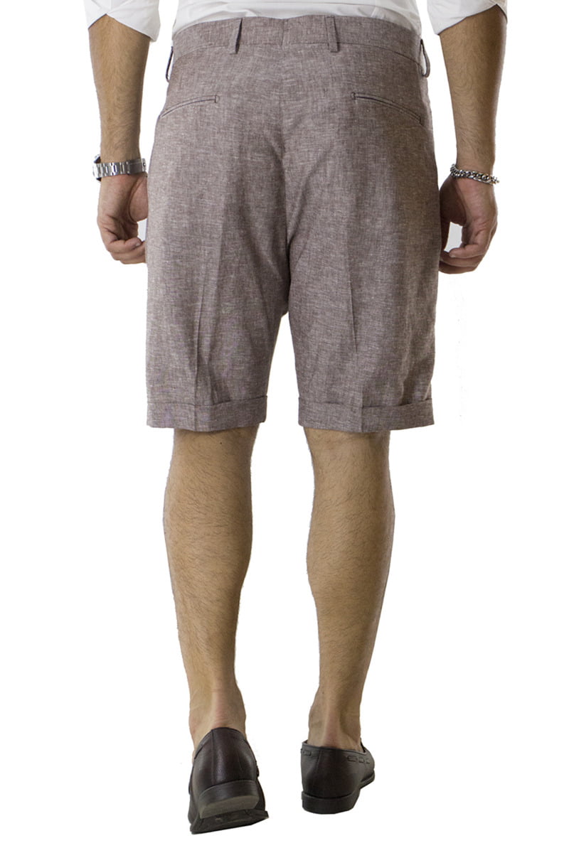 Bermuda uomo Marrone in lino vita alta con doppia pinces e tasca america