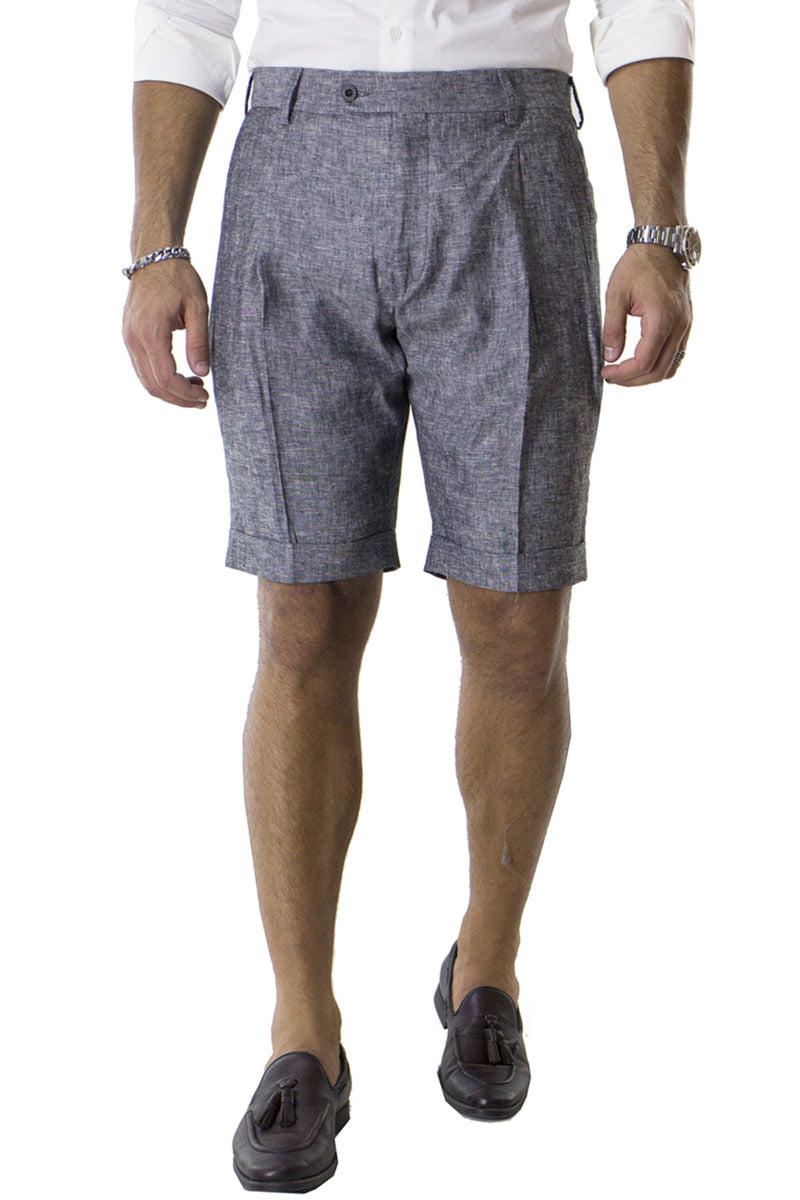 Bermuda uomo Grigio Scuro in lino vita alta con doppia pinces e tasca america