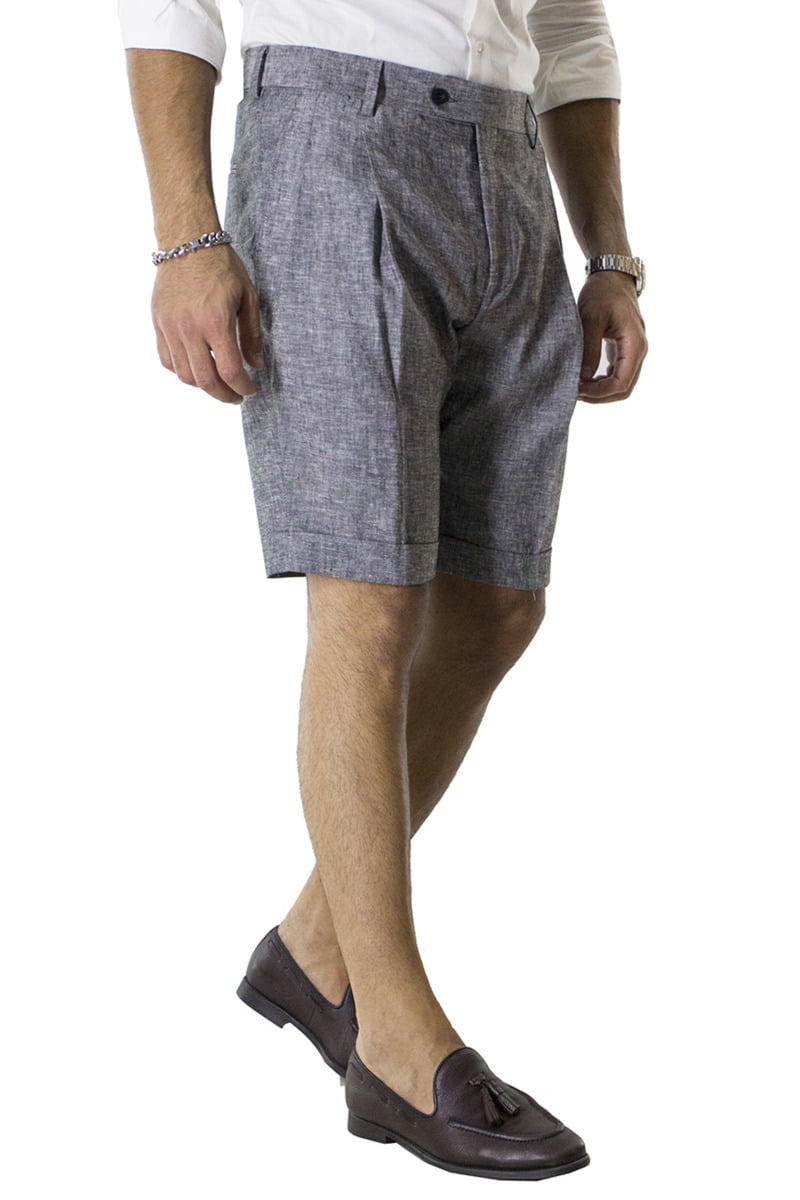 Bermuda uomo Grigio Scuro in lino vita alta con doppia pinces e tasca america